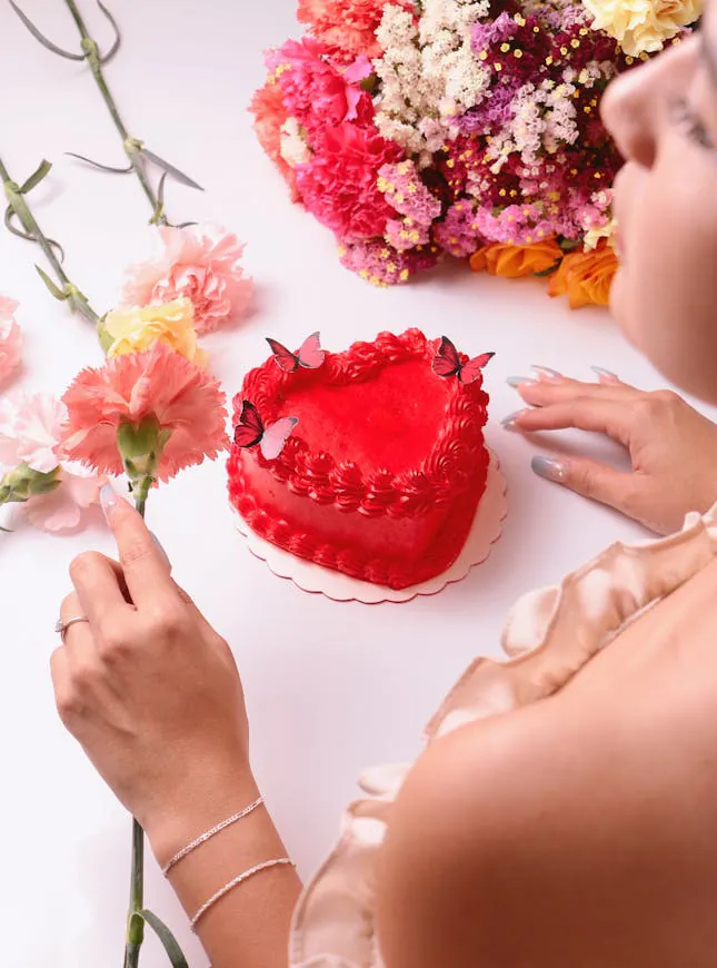 Foto van Sergio Arreola A heart-shaped red cake surrounded by vibrant flowers, capturing romance and sweetness.